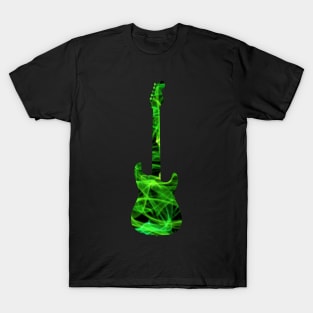 Green Flame Guitar Silhouette on Black T-Shirt